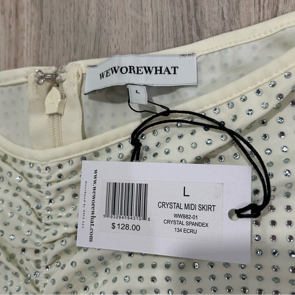 NWT WeWoreWhat Ivory Crystal Midi Skirt All-Over Rhinestone Nylon Stretch Size L - Picture 4 of 11